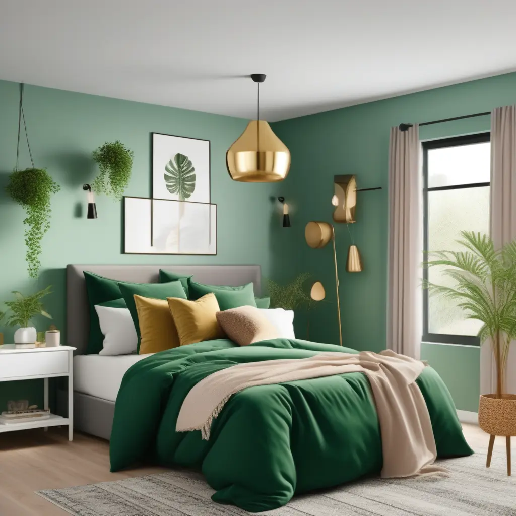 bedroom redesign to gold and green color palette